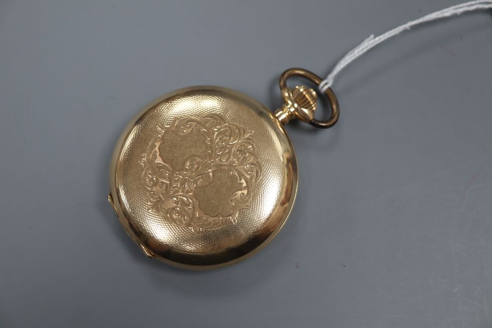 A continental 585 yellow metal hunter keyless pocket watch, with Roman dial and subsidiary seconds, gross 112.1 grams,